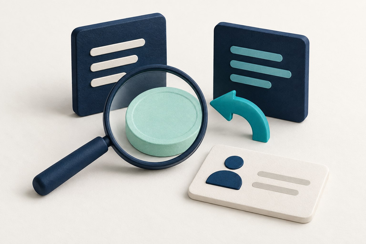 A magnifying glass highlights a mint payment token beside navy ledger cards and a teal return arrow.