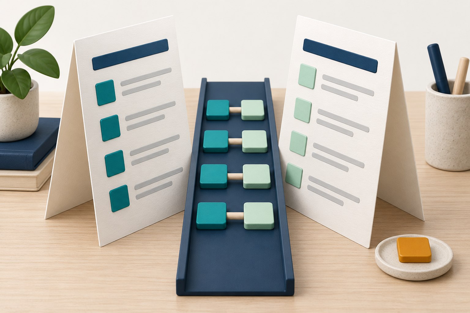 Two paper statements face paired teal and mint matching tiles, while an amber unmatched tile sits aside for review.