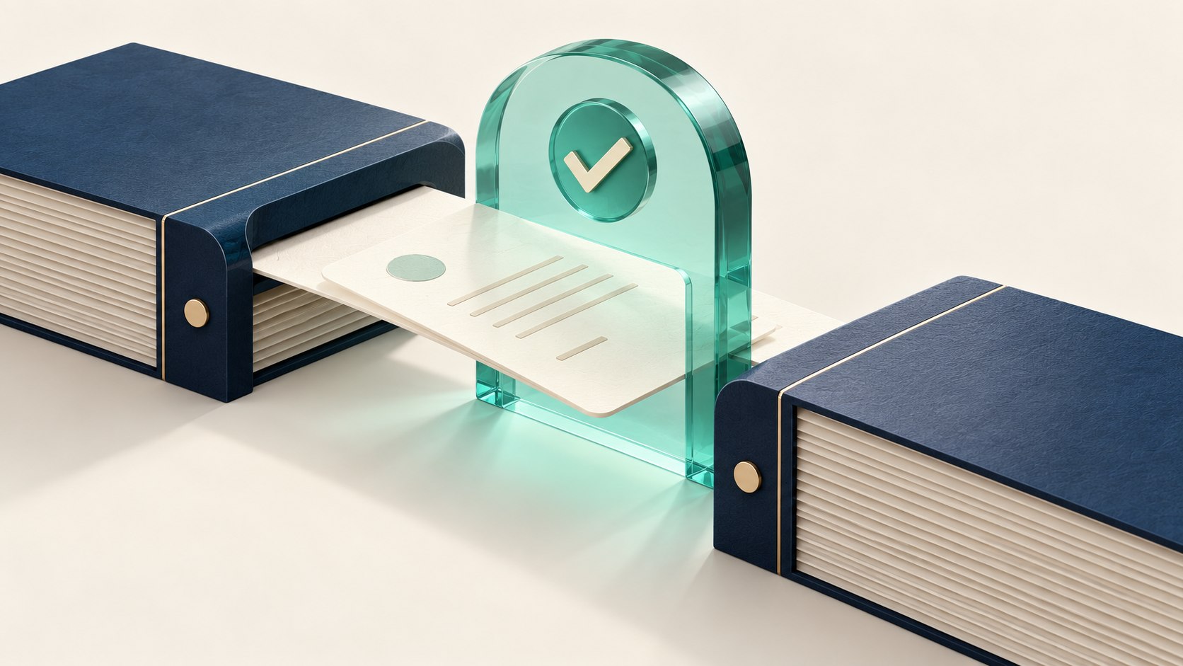 A proposed adjustment document passes through a teal review gate between two navy ledgers.