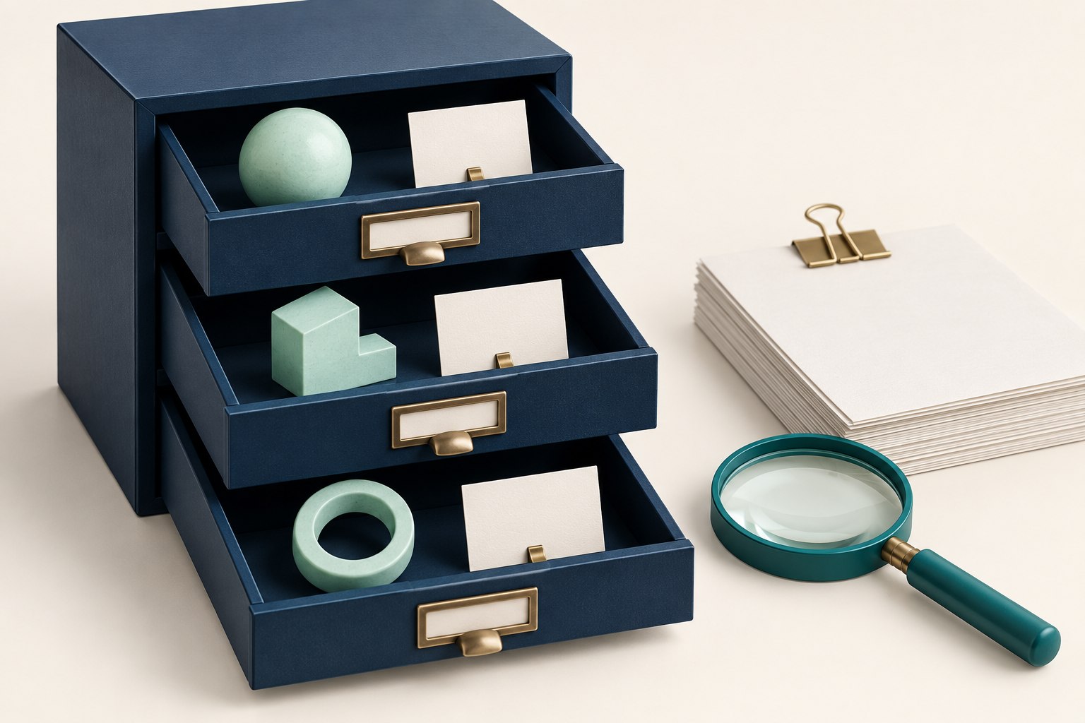 A navy cabinet holds three mint objects with separate evidence cards beside a teal magnifying lens and a clipped stack of blank review sheets.