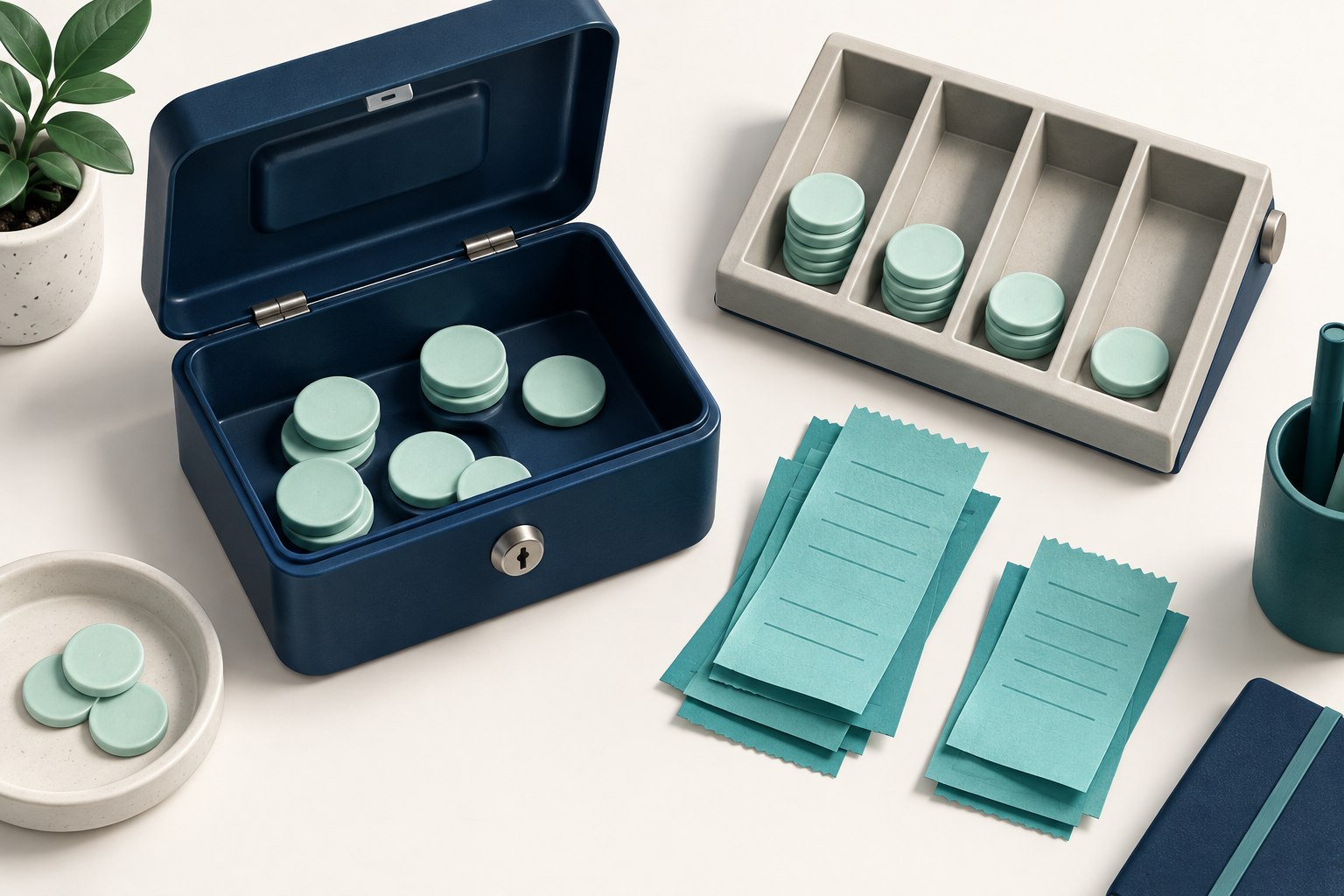 An open navy cash box, mint coin discs, counting tray and teal receipt slips illustrate a supported petty-cash count.