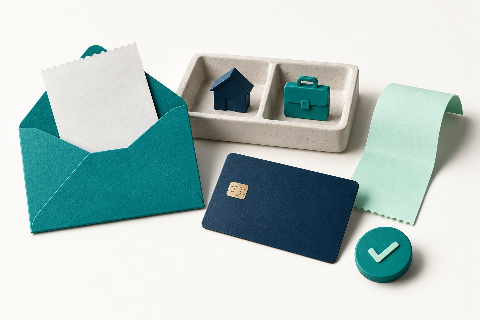 A teal expense envelope, blank navy payment card and receipt sit beside a tray separating personal and business symbols.