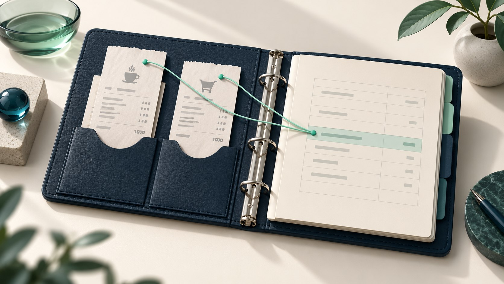 Two receipts in a navy binder connect by mint reference threads to a ledger page.
