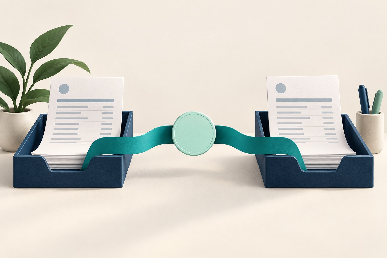 Two navy statement trays are joined by a teal ribbon carrying a single mint token, illustrating one transfer recorded at both ends.