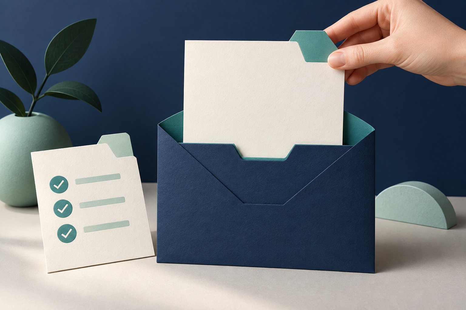 A hand fits an ivory document with a teal tab into a navy envelope beside an abstract checklist.