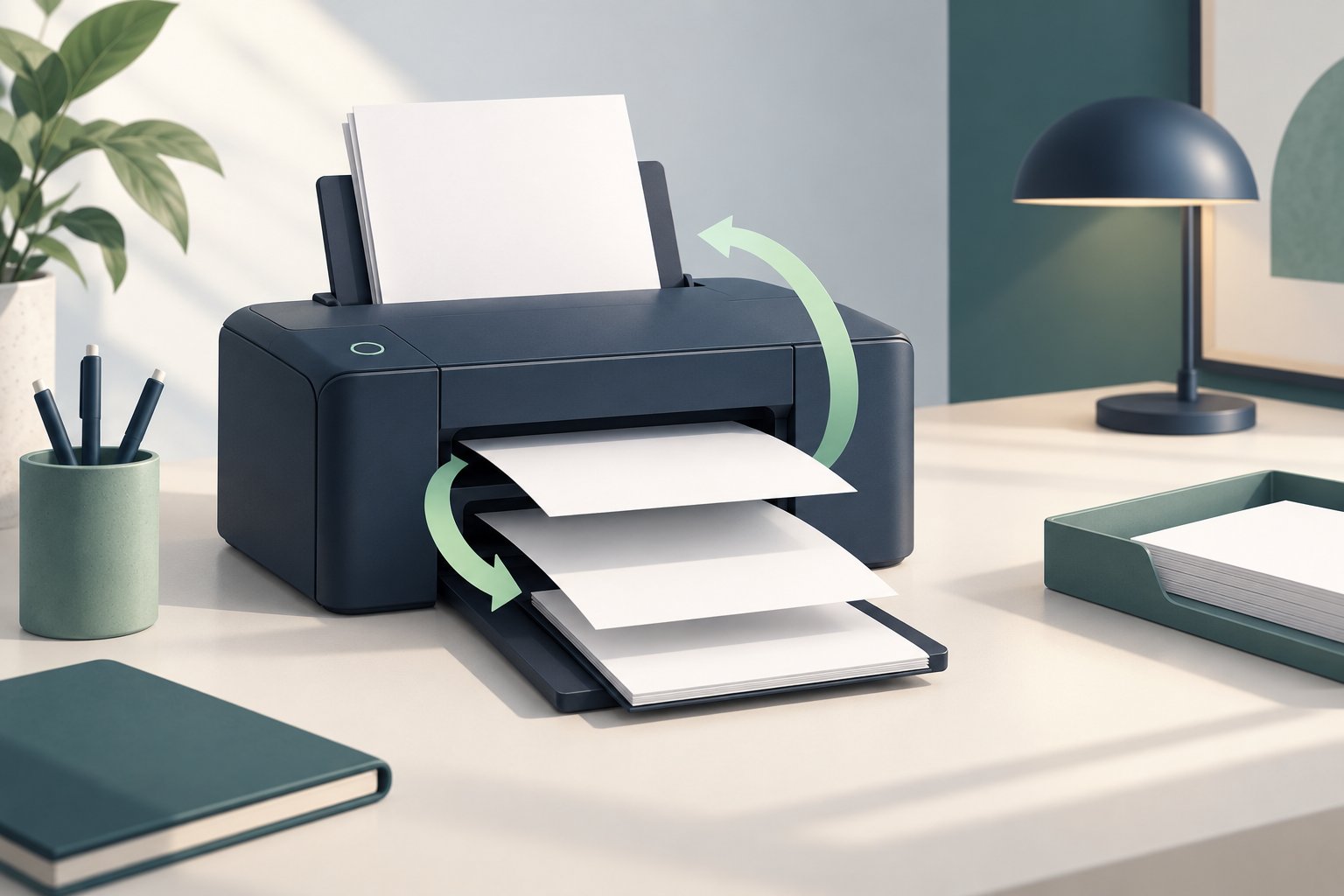 A generic navy printer separates blank sheets with mint arrows representing two-sided paper movement.