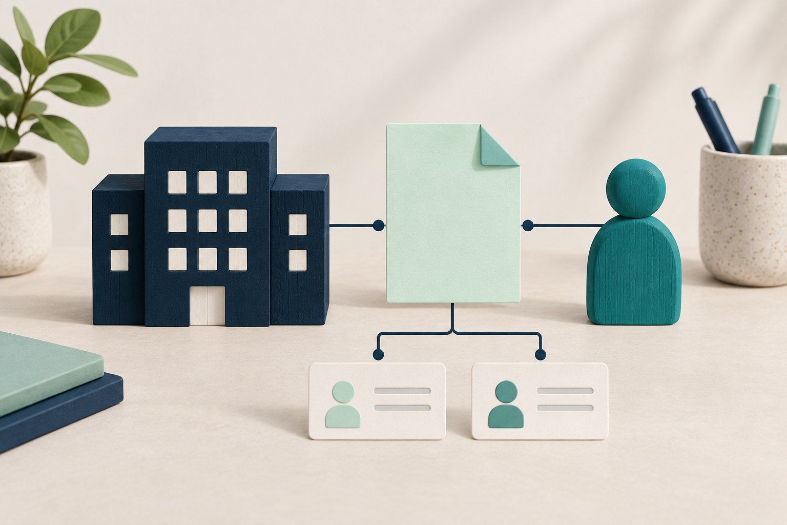 A navy building model and teal person token connect to a blank mint document and two identity cards.