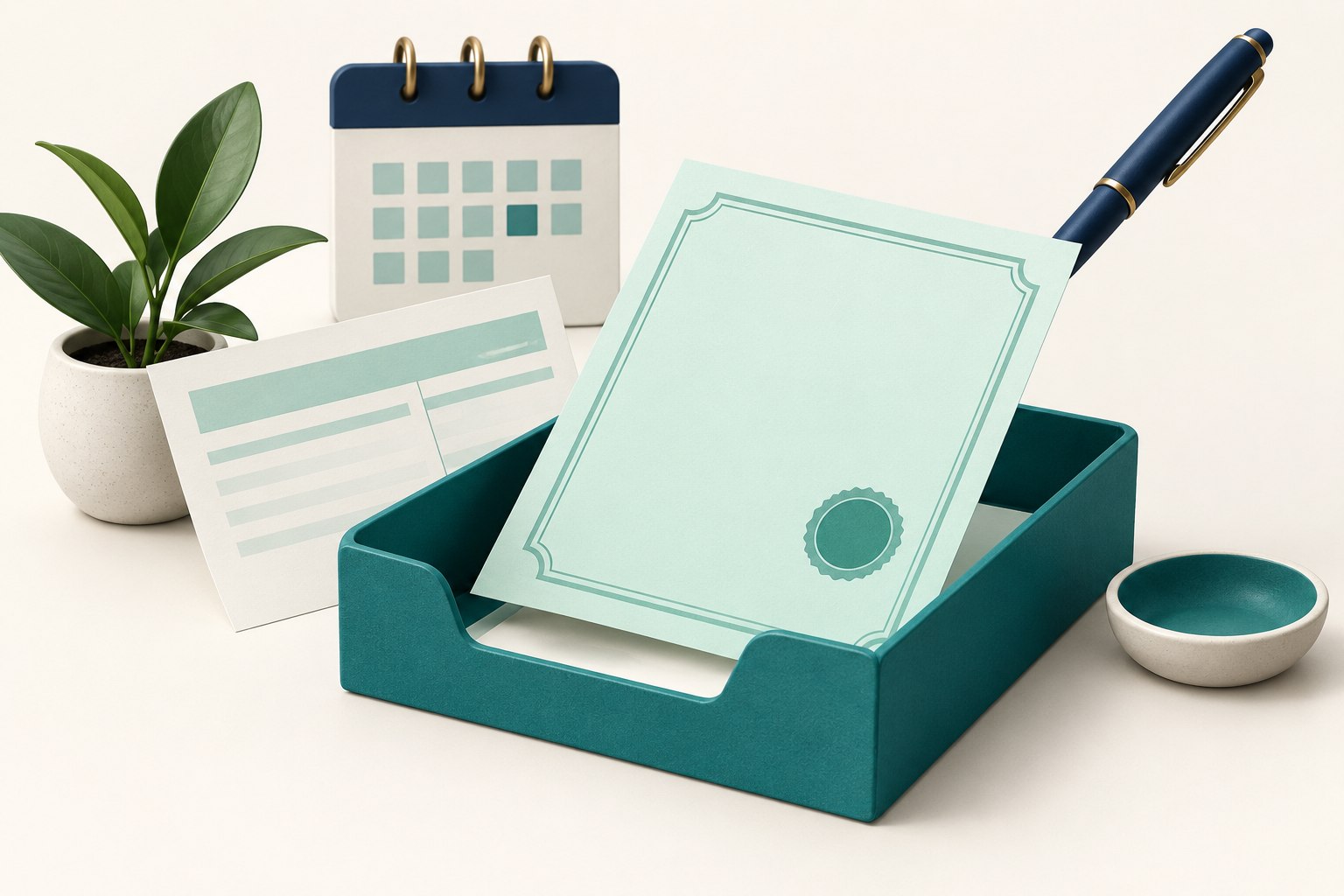 A blank mint document and navy pen rest in a teal payroll tray beside an abstract payslip and calendar.