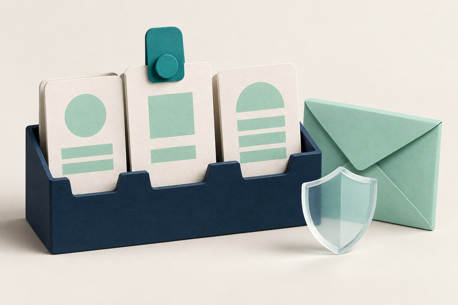 Three blank document cards sit in a navy organizer with one selected by a teal tab, beside a mint envelope and a translucent protective shield.