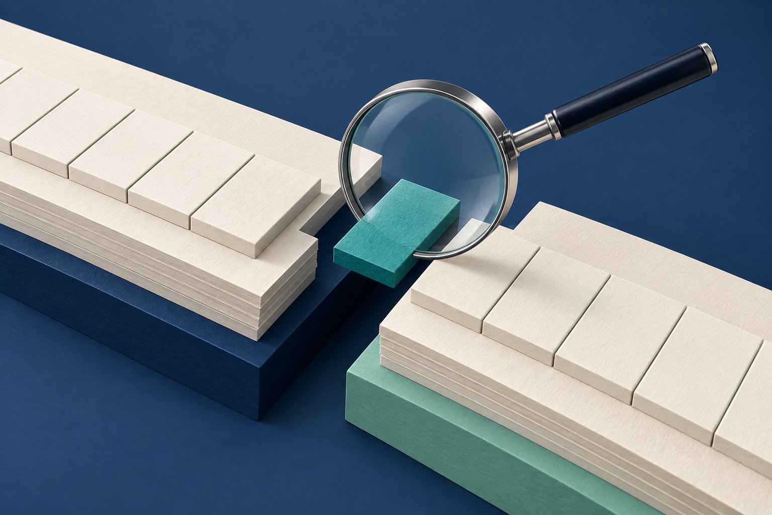 A magnifying glass examines a displaced teal tile between two adjoining paper ledger platforms.