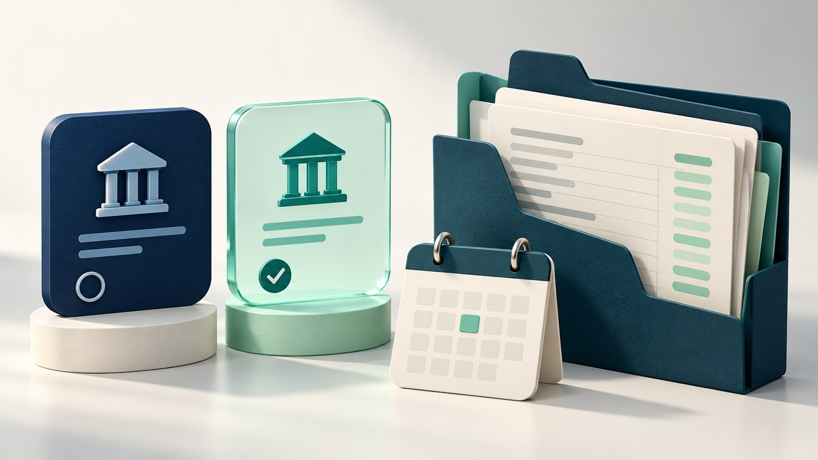 Two account tiles stand beside a date marker and an organized folder of financial records.