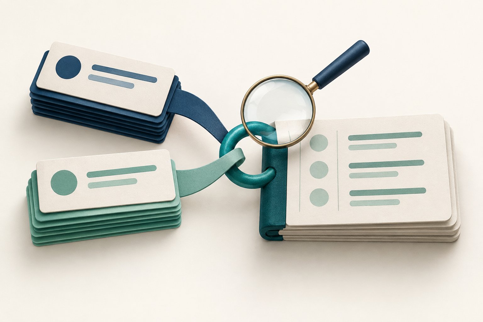 Two stacks of transaction cards join a ledger through a teal ring beneath a magnifying glass.