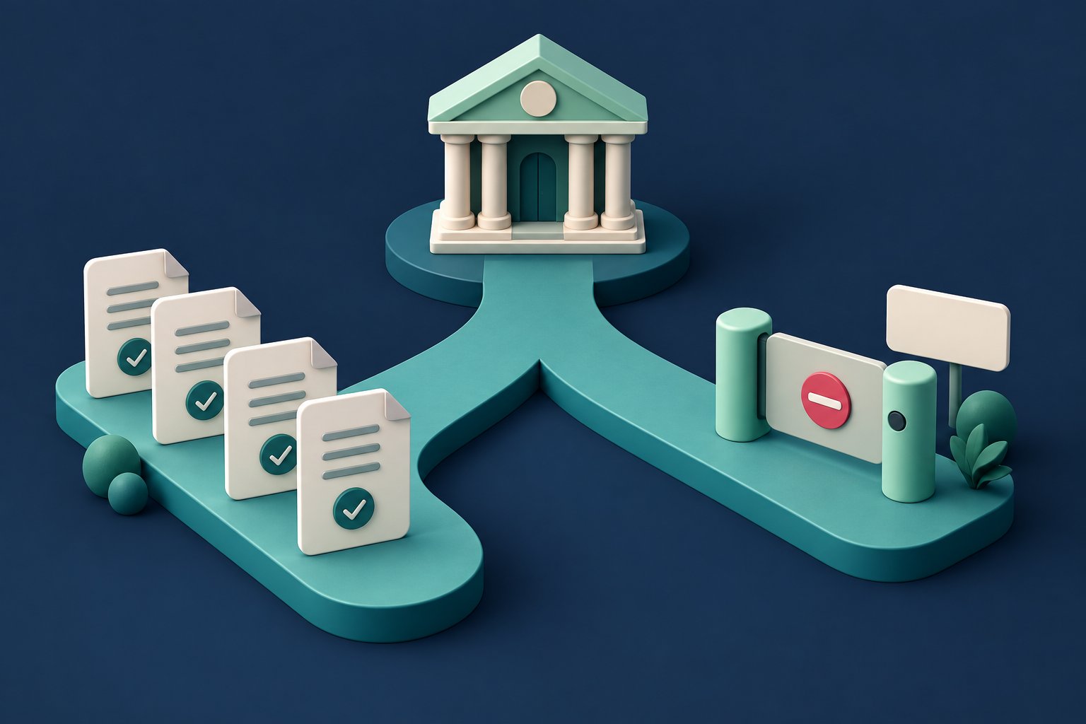 A teal path branches from an abstract bank toward checked document cards on one side and a closed payment gate on the other.