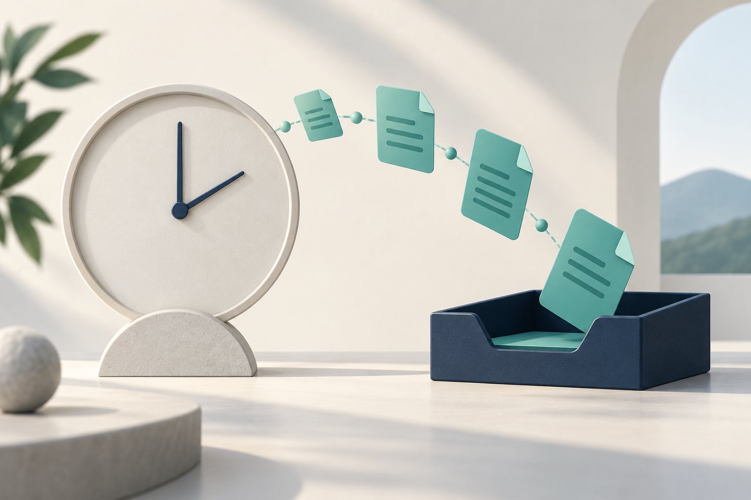 A numberless clock guides teal information cards toward one navy document tray.