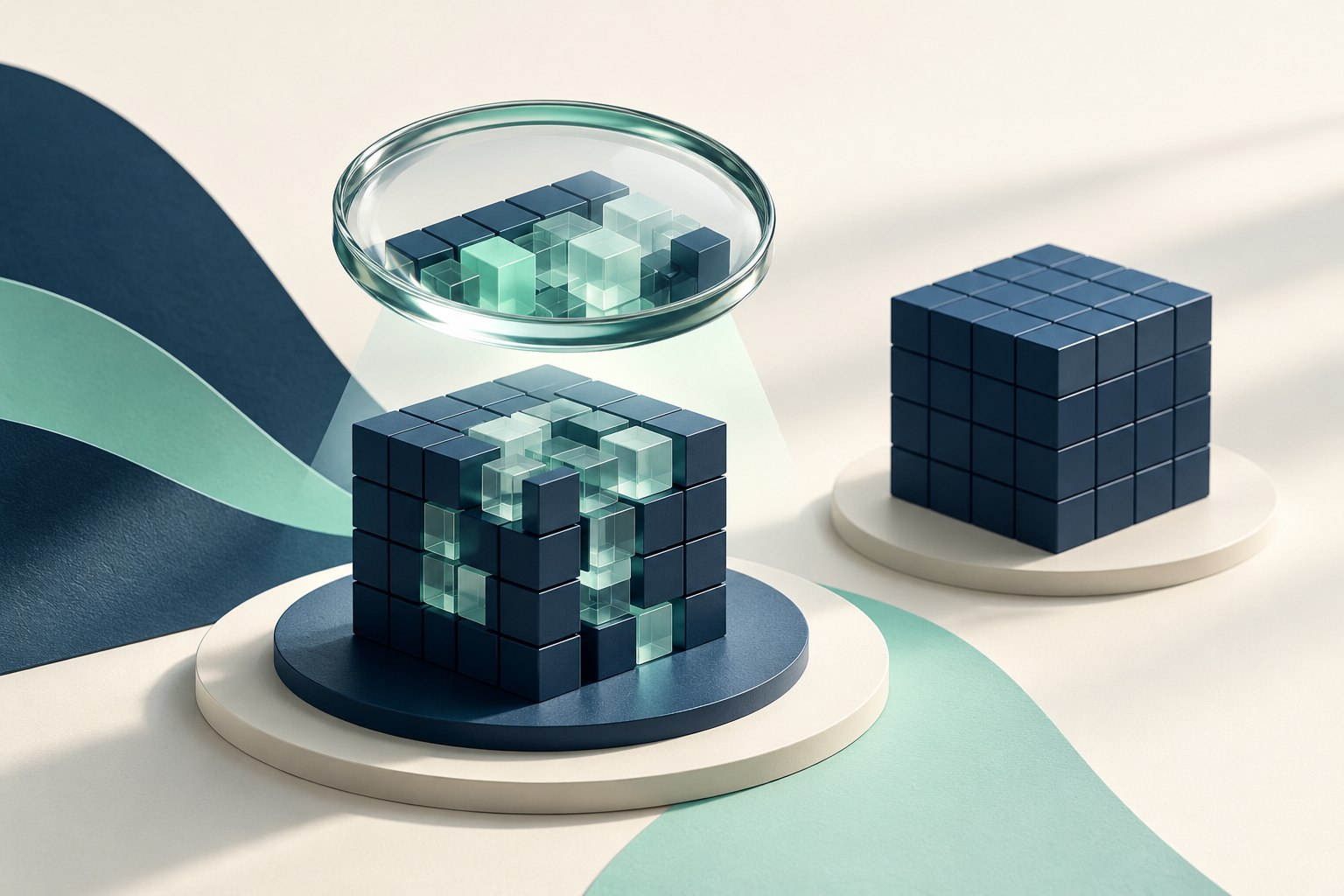 A diagnostic lens examines a navy data cube while a separate fallback cube remains intact.
