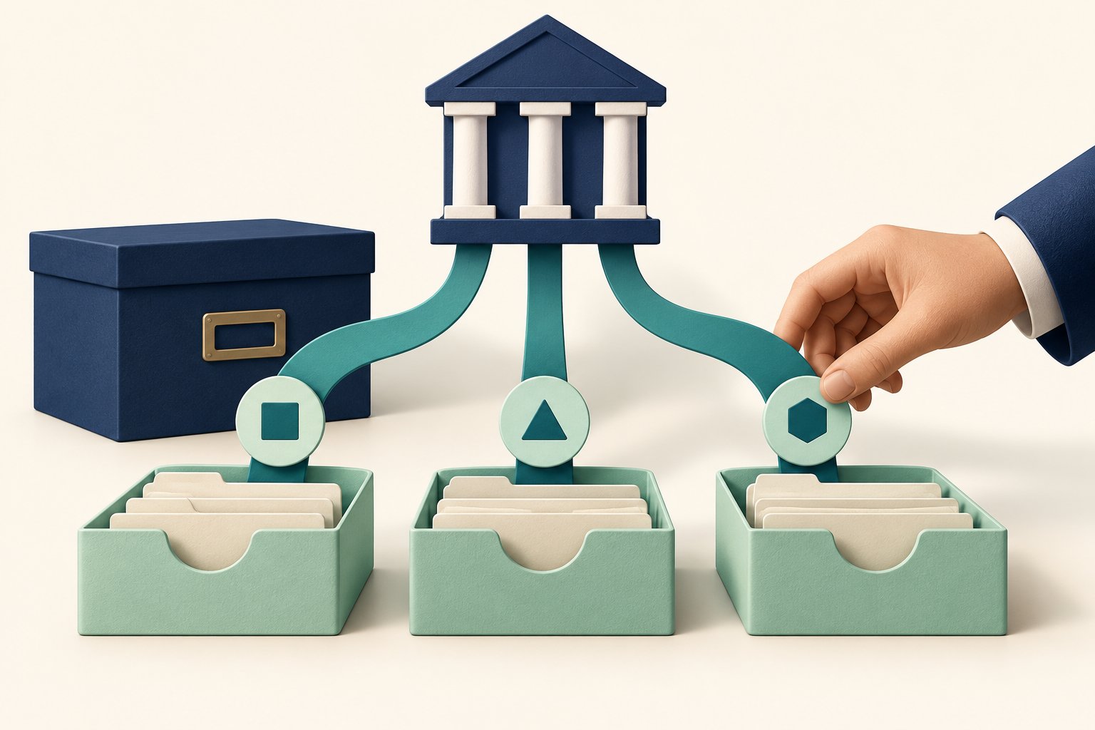 Three teal connectors link an abstract bank to separate mint file trays while a hand aligns the last connection.