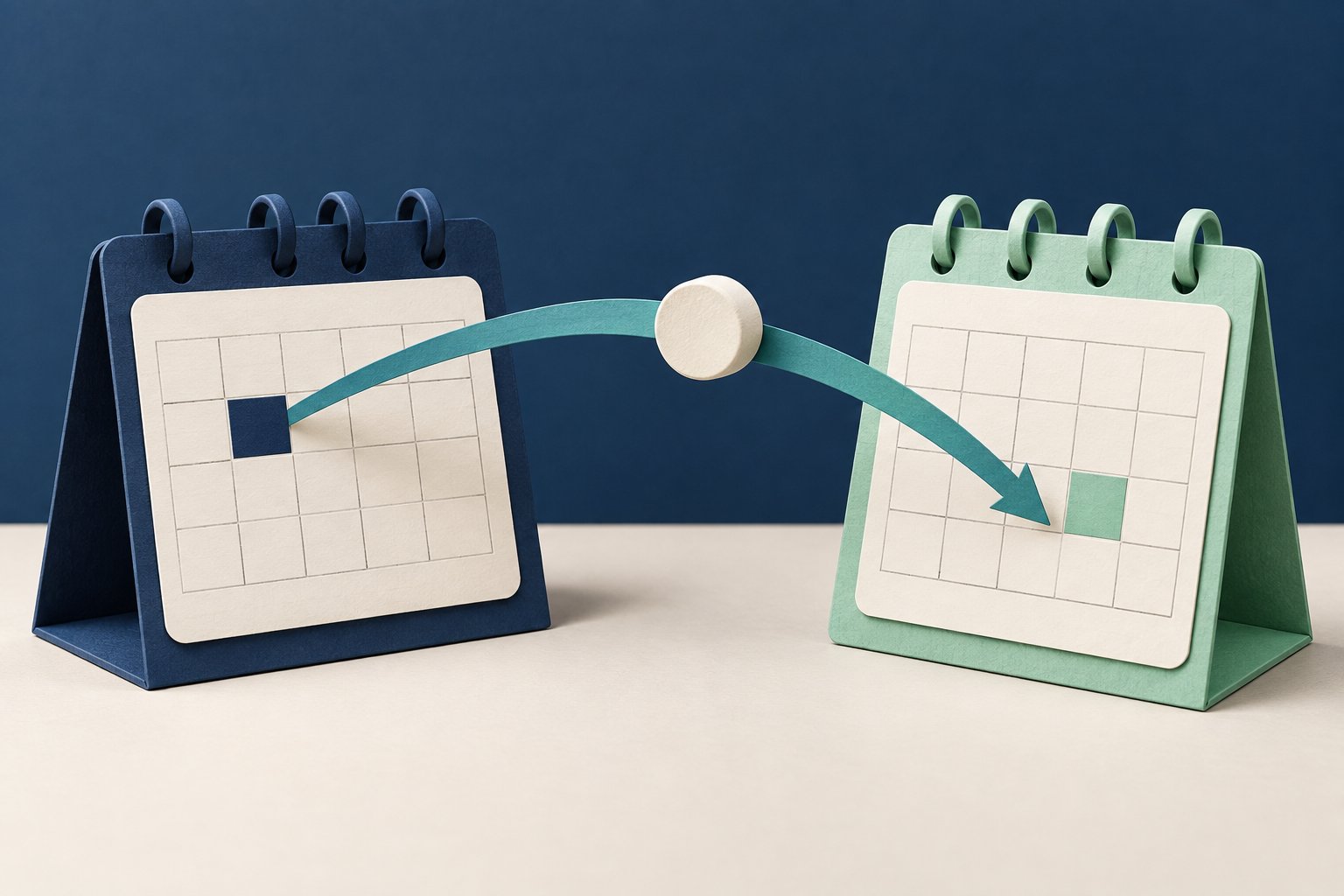 A teal path carrying an ivory payment token connects highlighted cells on navy and mint calendar sculptures.