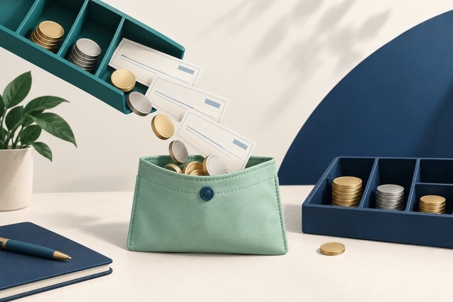 Abstract coins and blank cheque slips move from a teal cash tray into a mint deposit pouch beside a navy bank tray.