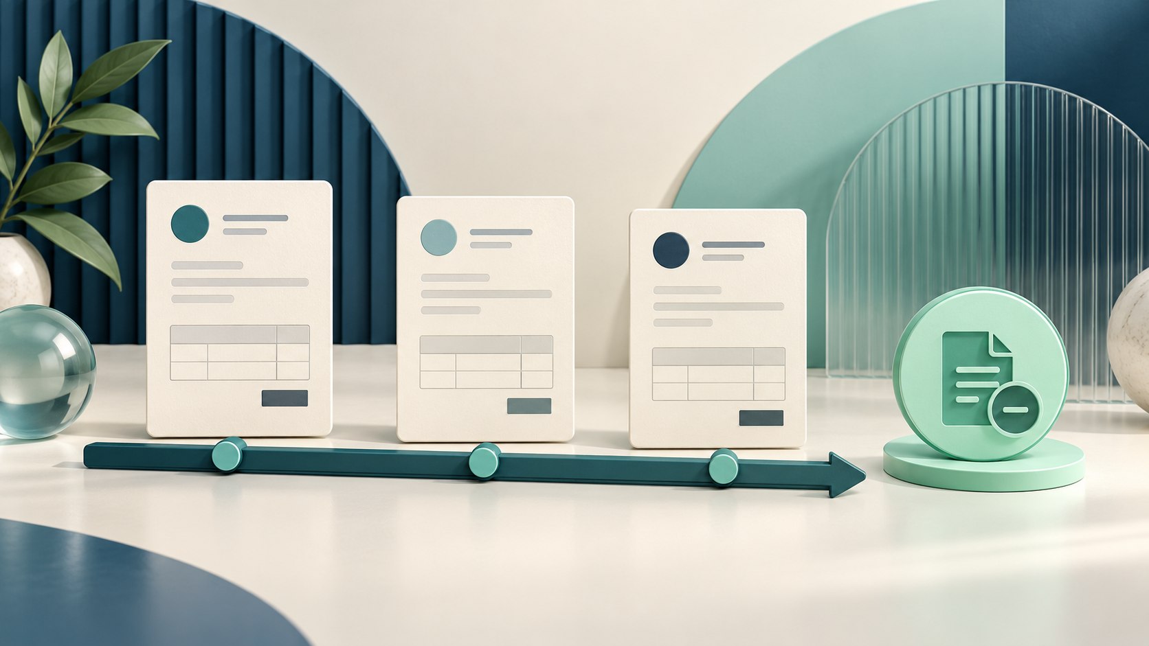 Three invoice cards sit along an aging timeline beside a separate mint credit-note token.