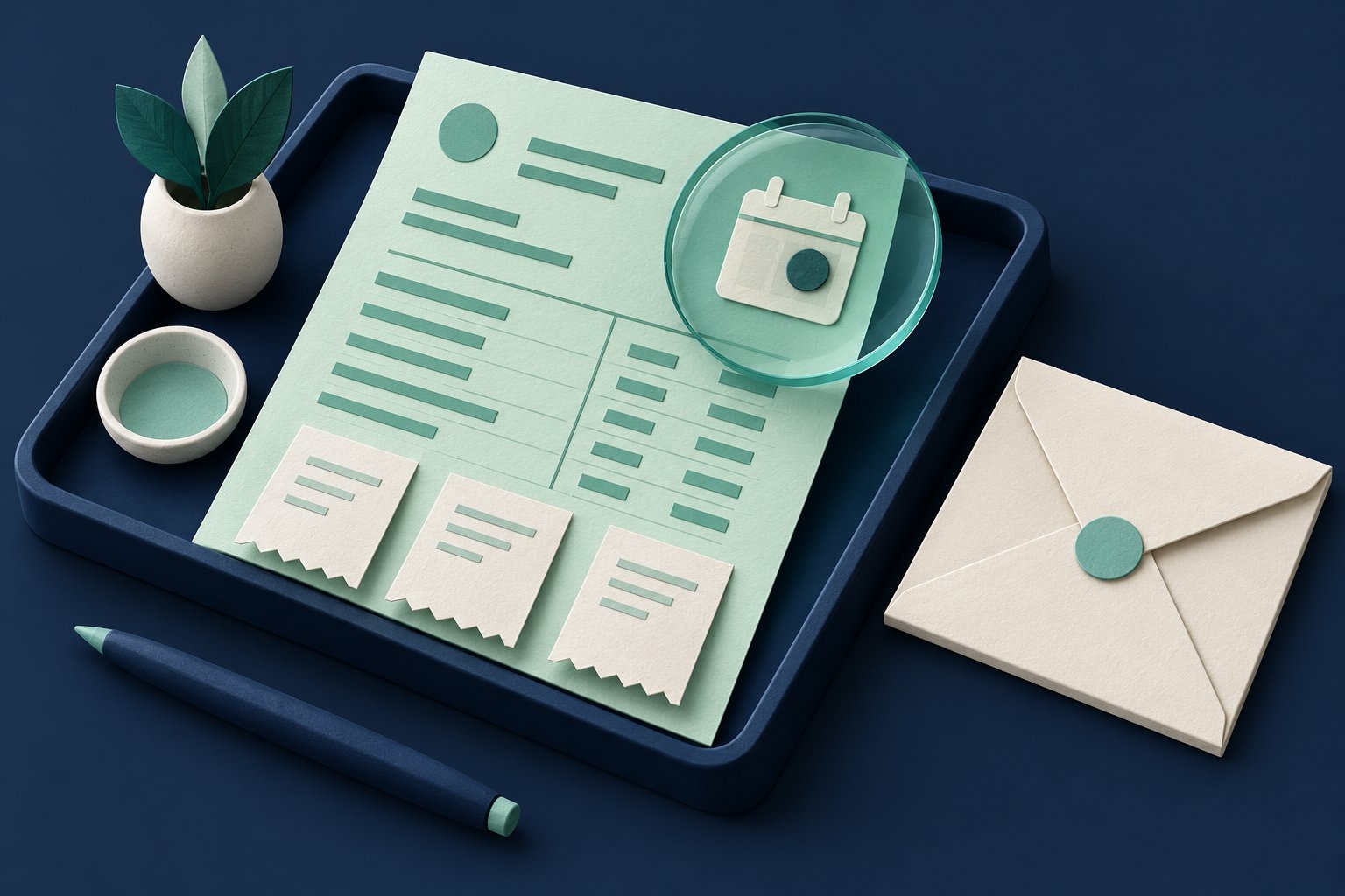 A mint ledger document and receipt tabs rest in a navy tray beside a closed envelope, with a lens highlighting a date marker.