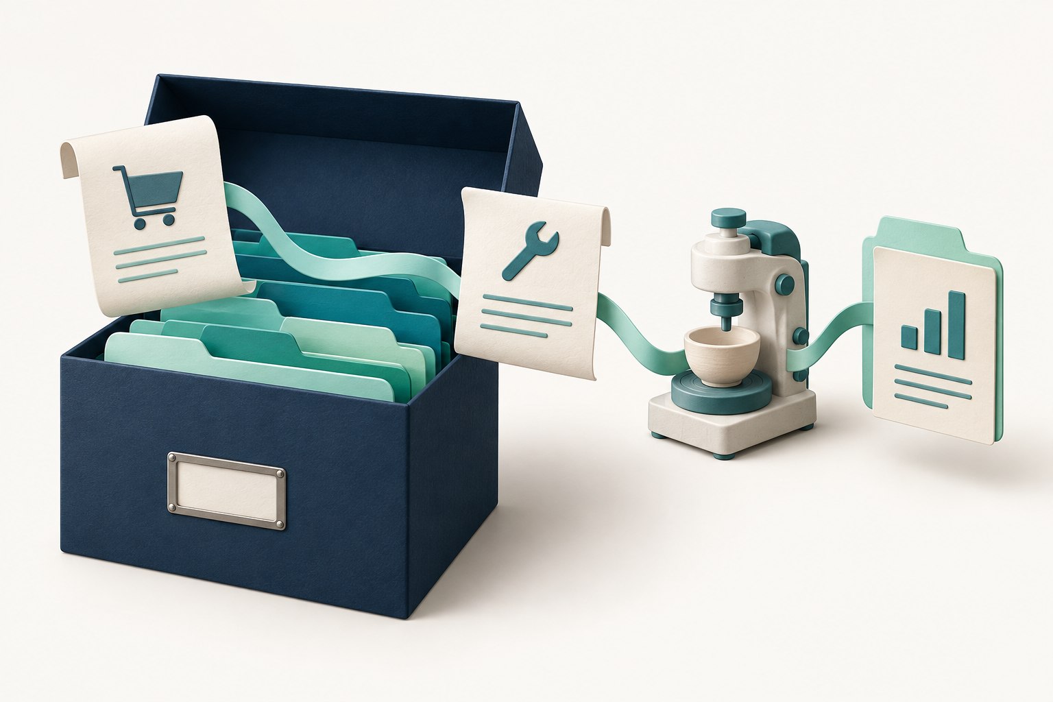 A navy archive box connects purchase and maintenance papers to a small workshop machine and a final record folder.