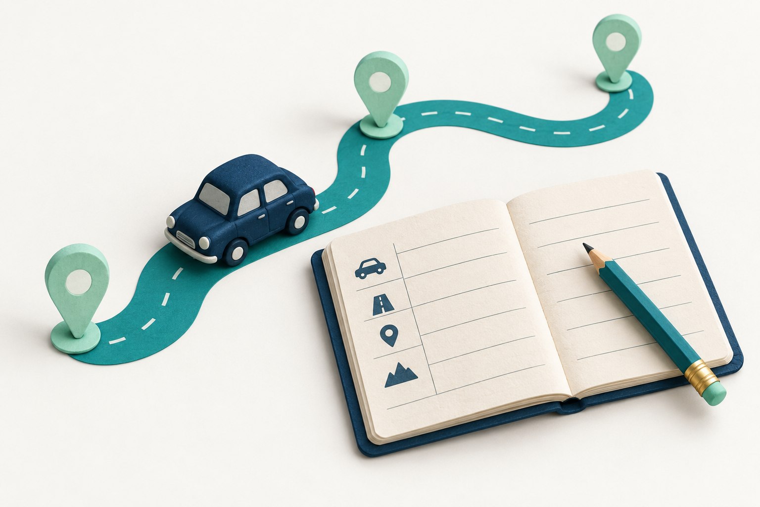 A miniature navy car follows a teal route between three mint pins beside a blank trip notebook and pencil.