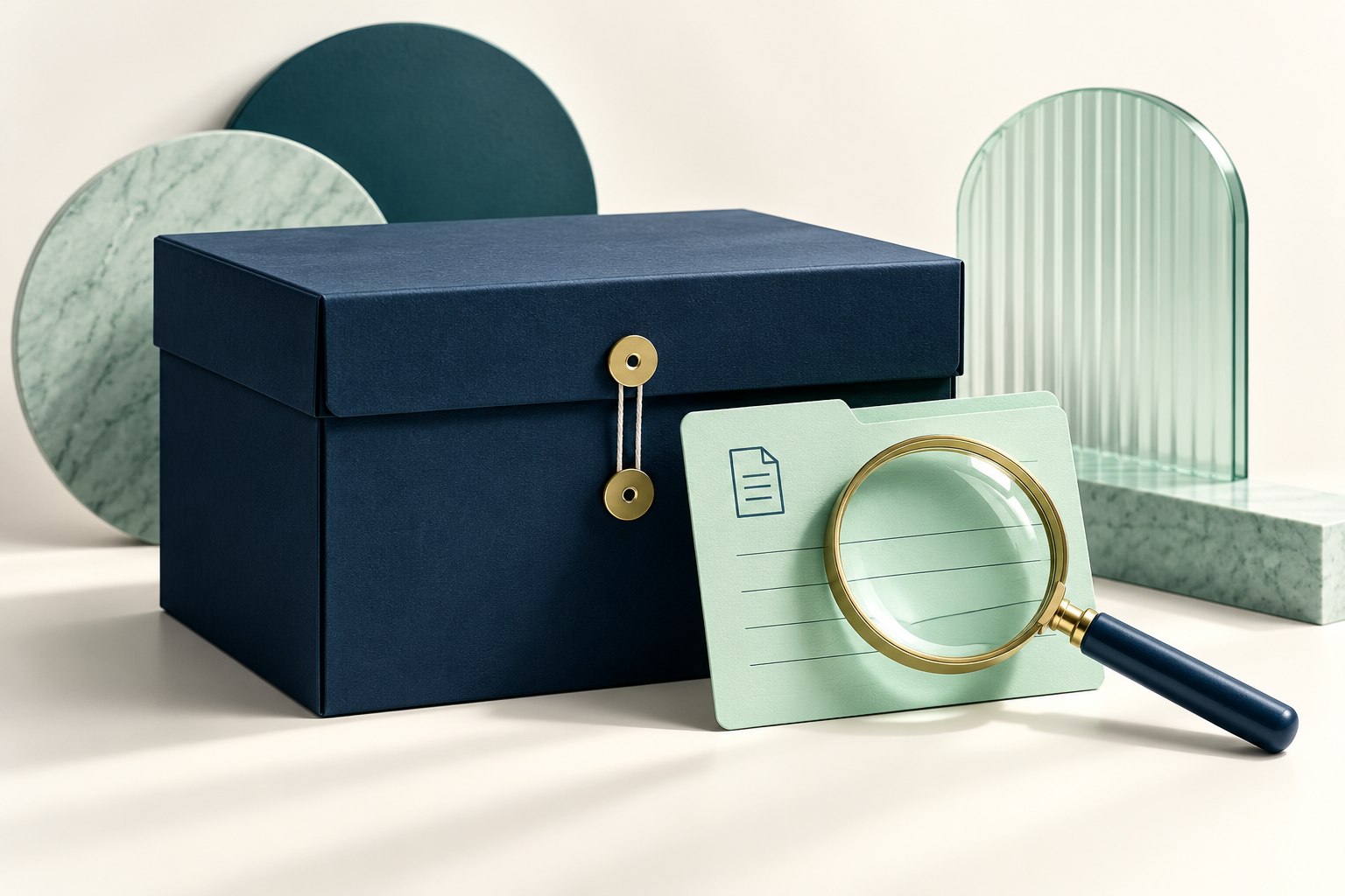 A closed navy document box stands beside a mint checklist and magnifying glass.