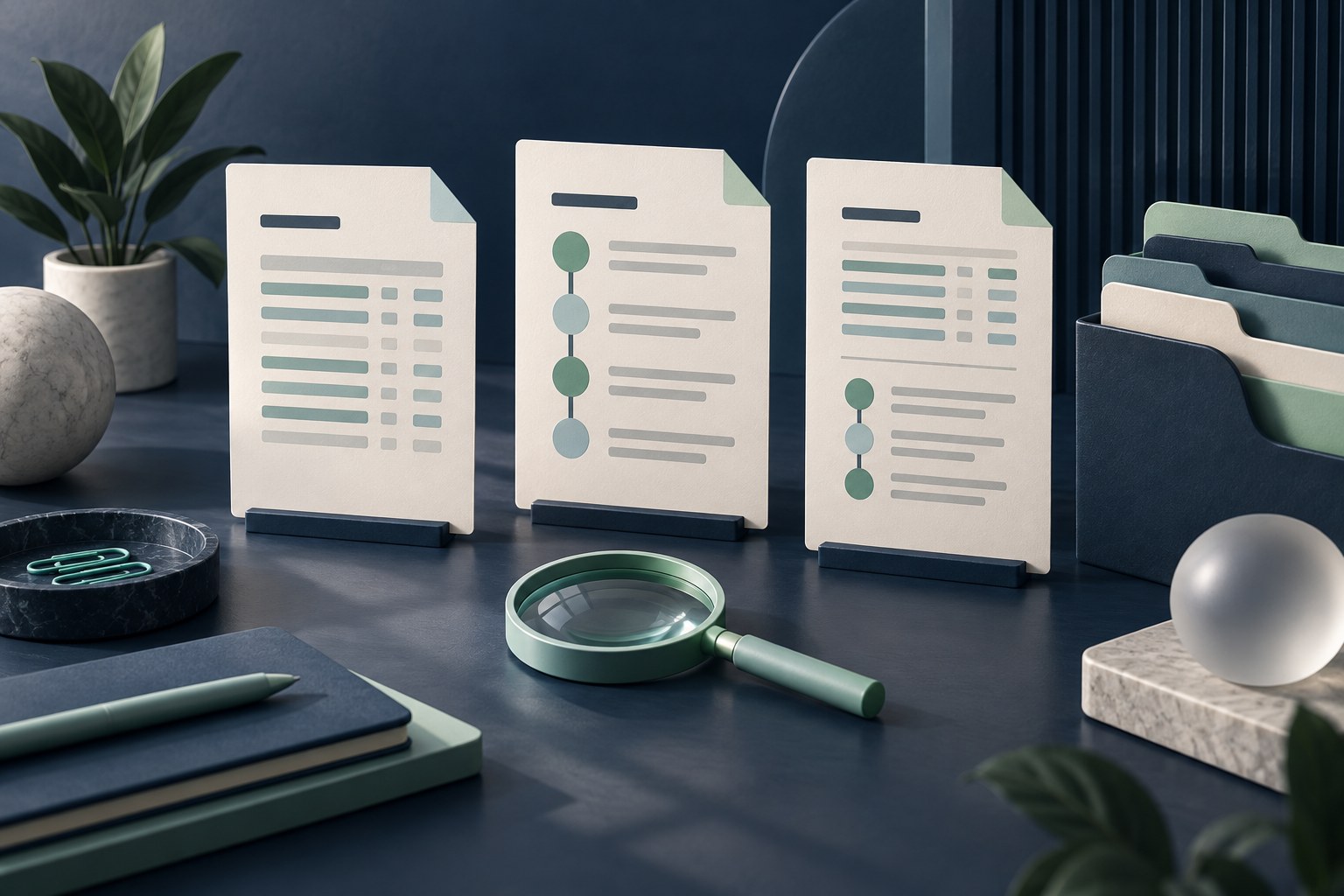 Three abstract record cards show ledger, timeline and combined information beside a magnifying glass and a tabbed folder.