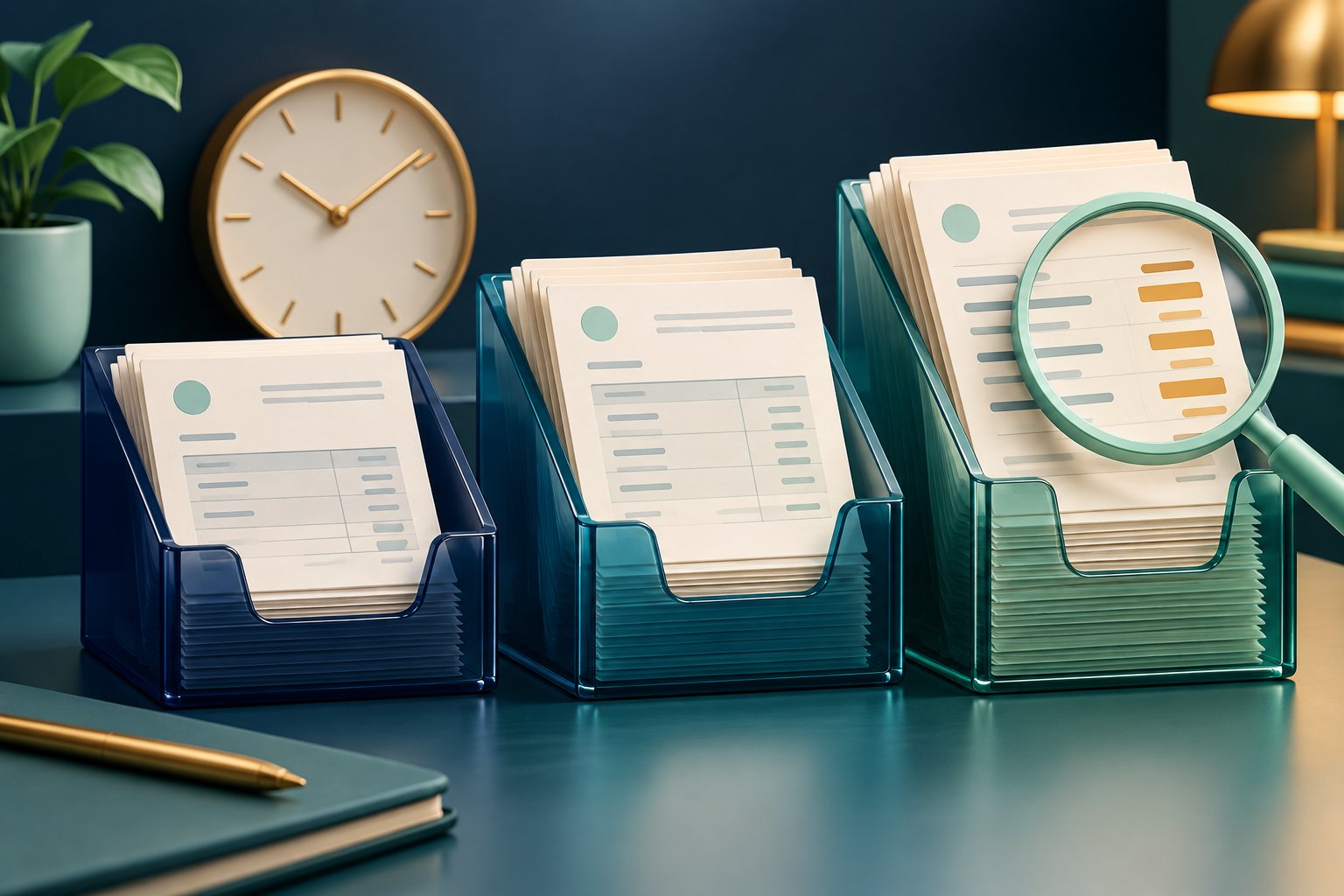 Three trays of invoice cards beside a clock, with a mint magnifying glass examining the oldest-looking stack.