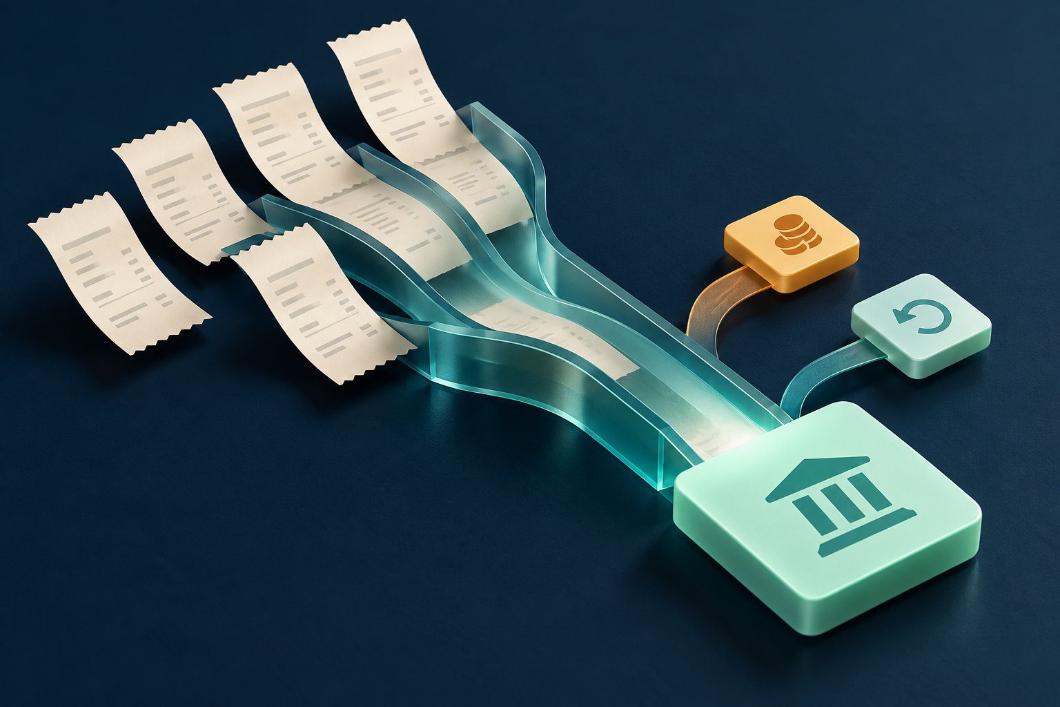 Ivory receipts flow through teal channels into a mint bank tile, with separate fee and refund symbols, illustrating a payout reconciliation.