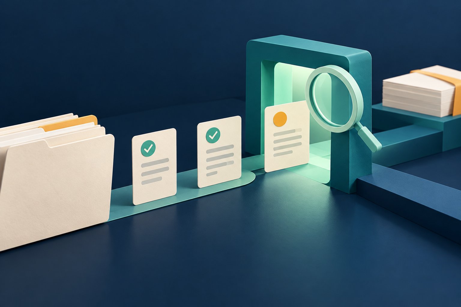 Return folders and status cards approach a teal review gate with a magnifying glass, illustrating filing eligibility checks.