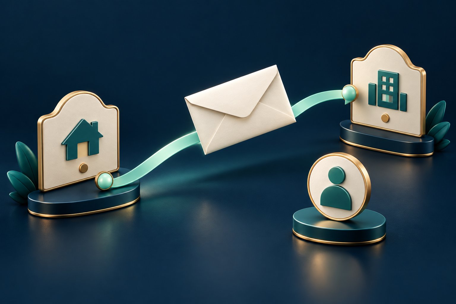 An envelope follows a mint path between two address plaques, with a separate person symbol for a responsible-party review.