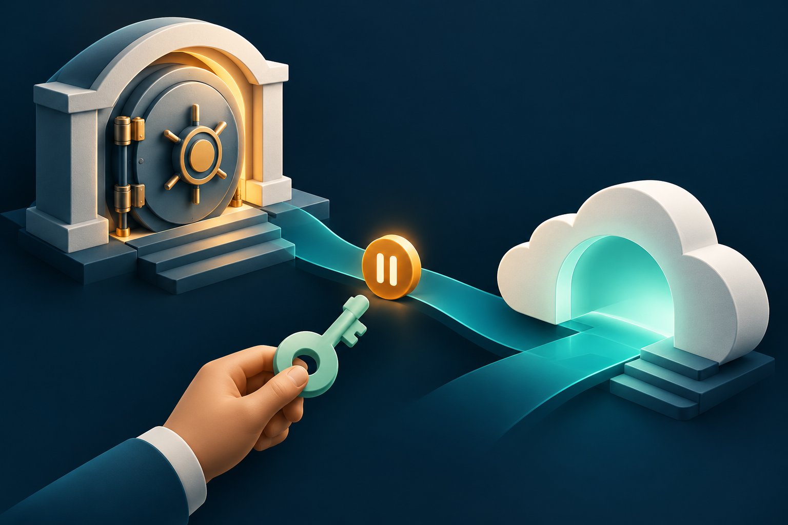 A bank vault and cloud portal are joined by a teal path with an amber pause symbol, while a hand holds a mint key.