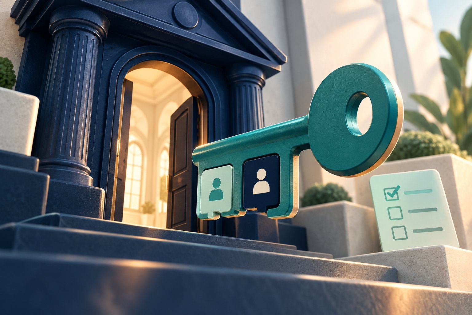 A large teal key with two account symbols stands beside a bank doorway and a mint checklist, illustrating sign-in review.