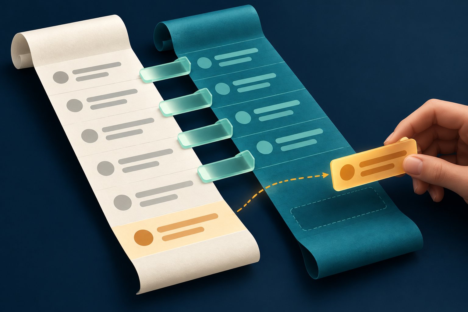 Parallel statement and ledger strips have mint matching links, while a hand holds an unmatched amber item for review.