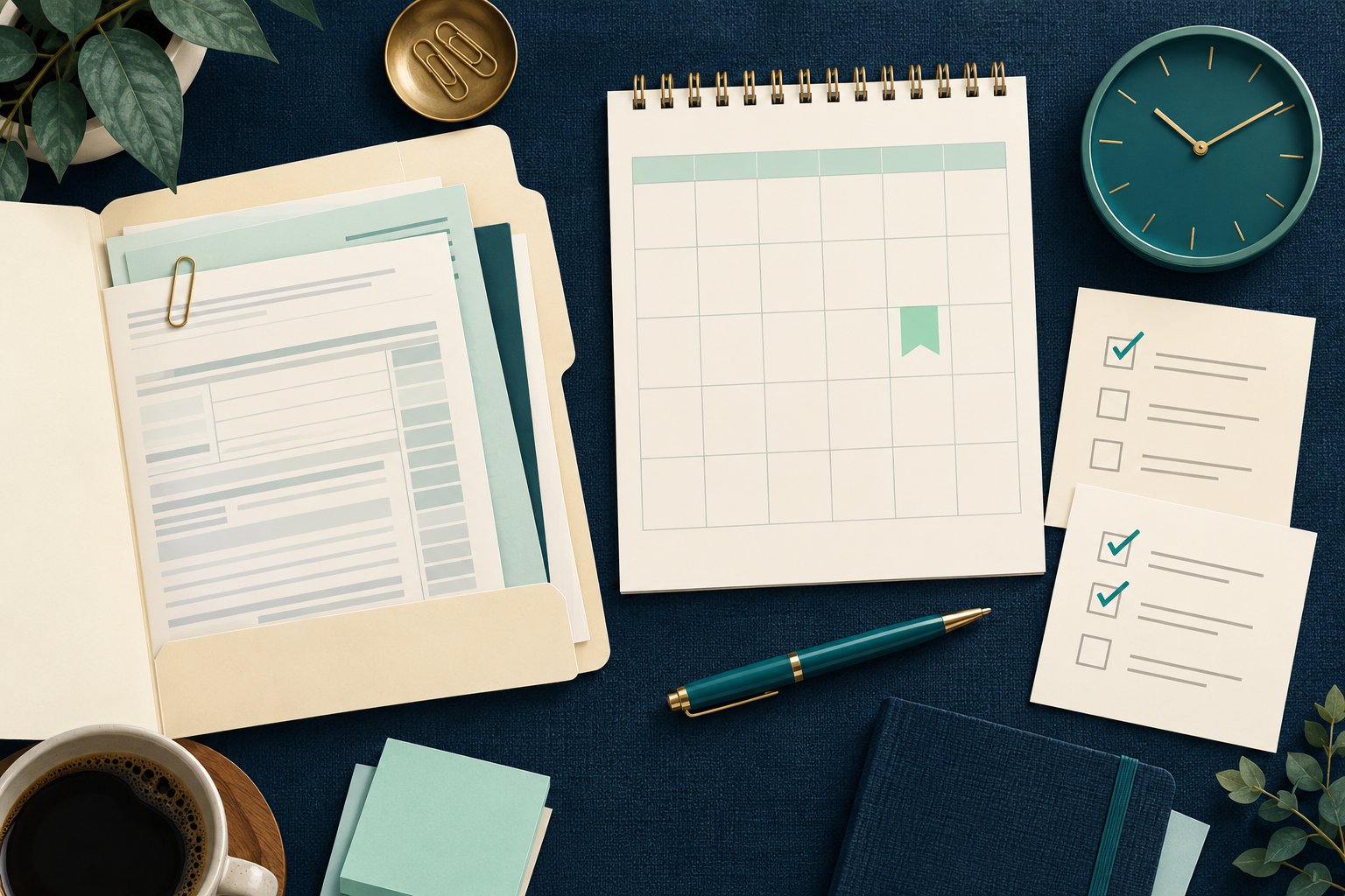 An open document folder beside a blank calendar, clock and two checklists on a navy desk, illustrating filing readiness.