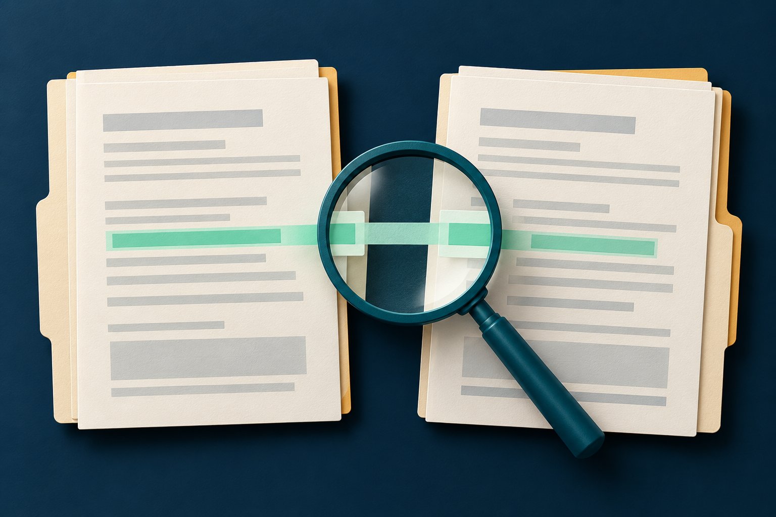 Two return folders have corresponding lines connected by a mint band beneath a magnifying glass, illustrating a prior-year comparison.