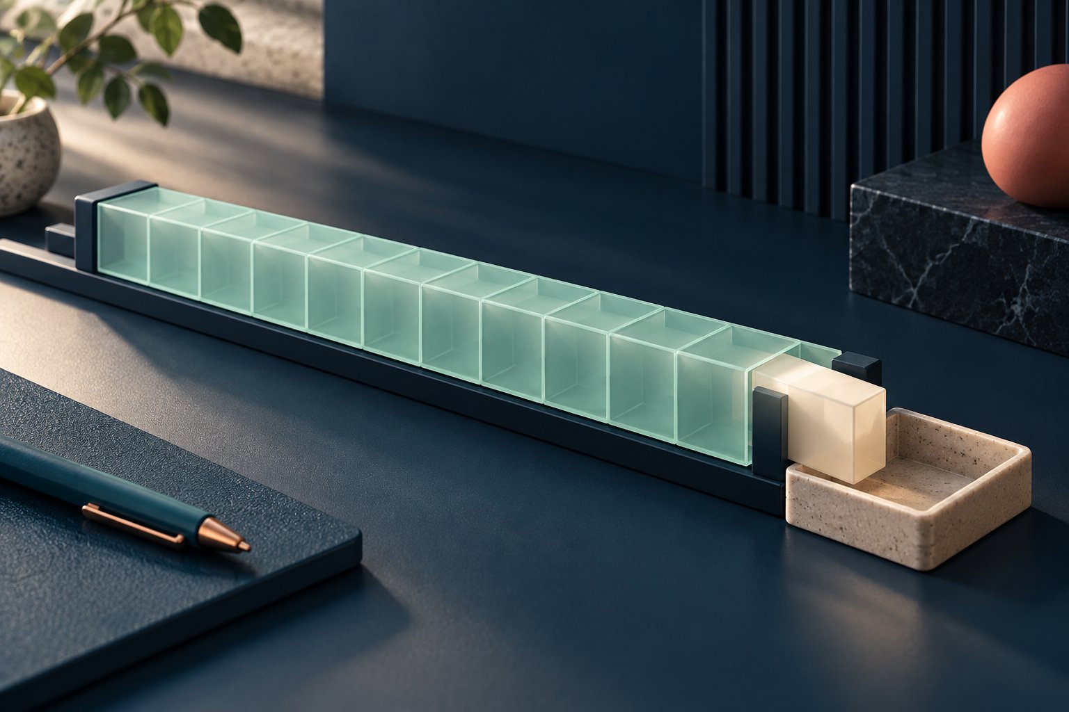 A long mint bar is divided into calendar compartments, with one segment moving into an expense tray.
