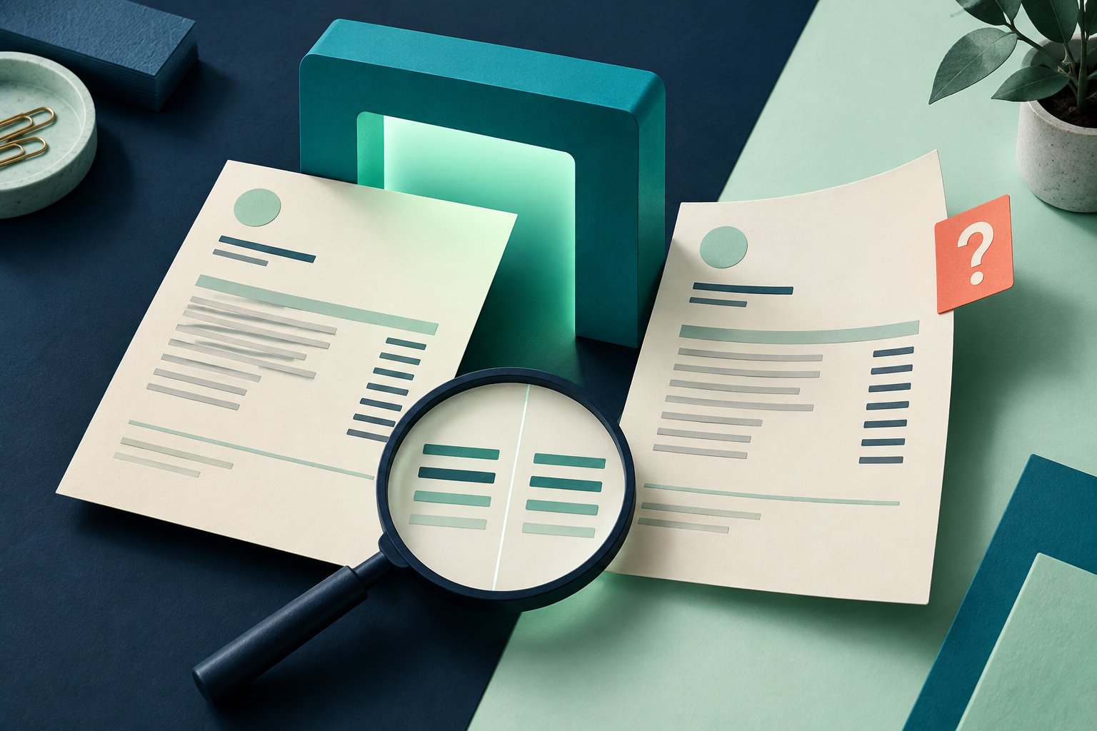 Two similar invoice cards pass through a review gate, with one held for comparison under a magnifying lens.