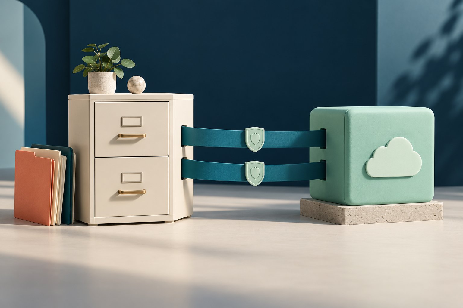 An archive cabinet and a separate storage block are joined by protective ribbons, with a small document stack alongside.