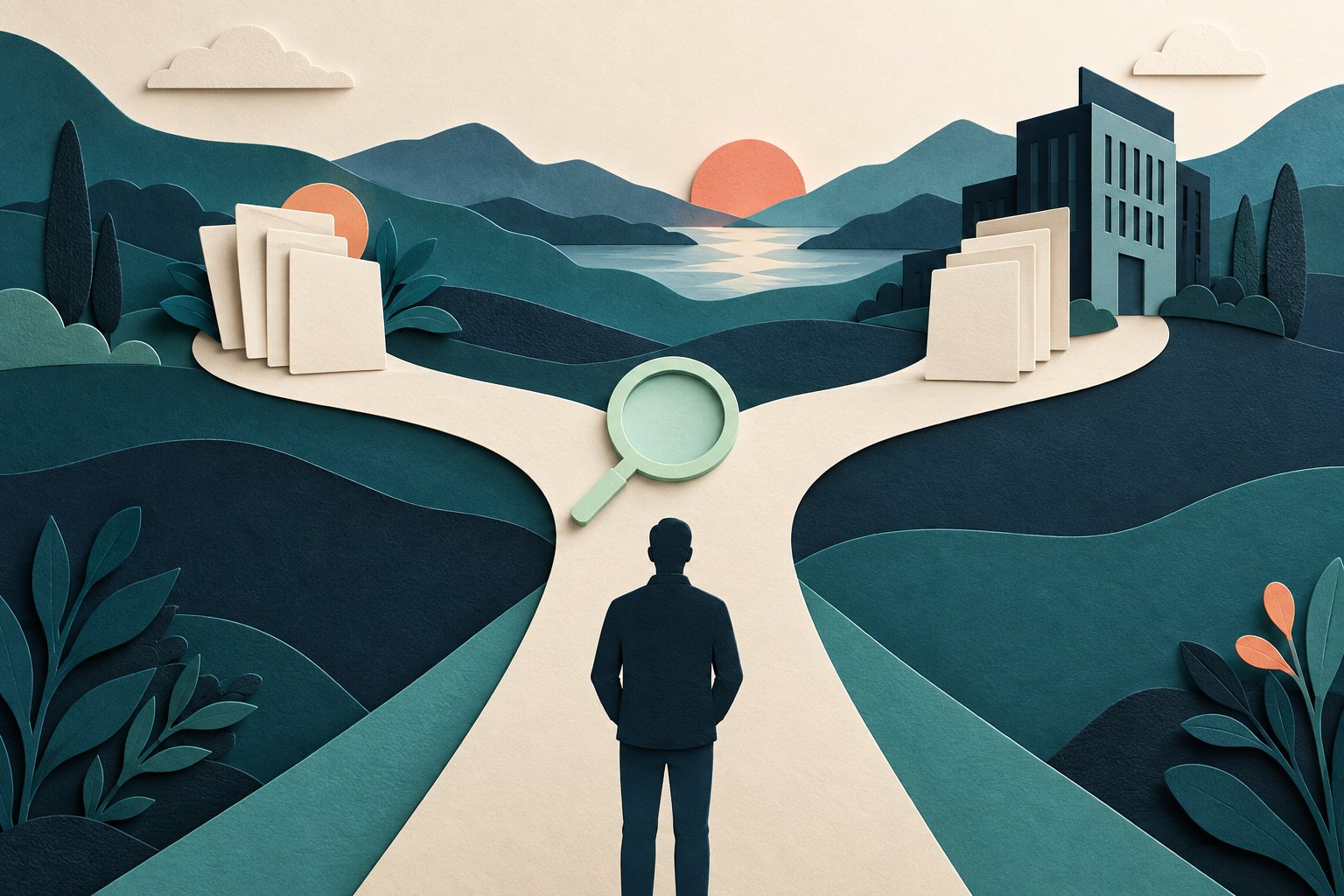 A person silhouette stands at a branching document pathway with a review lens and a separate business-building shape.