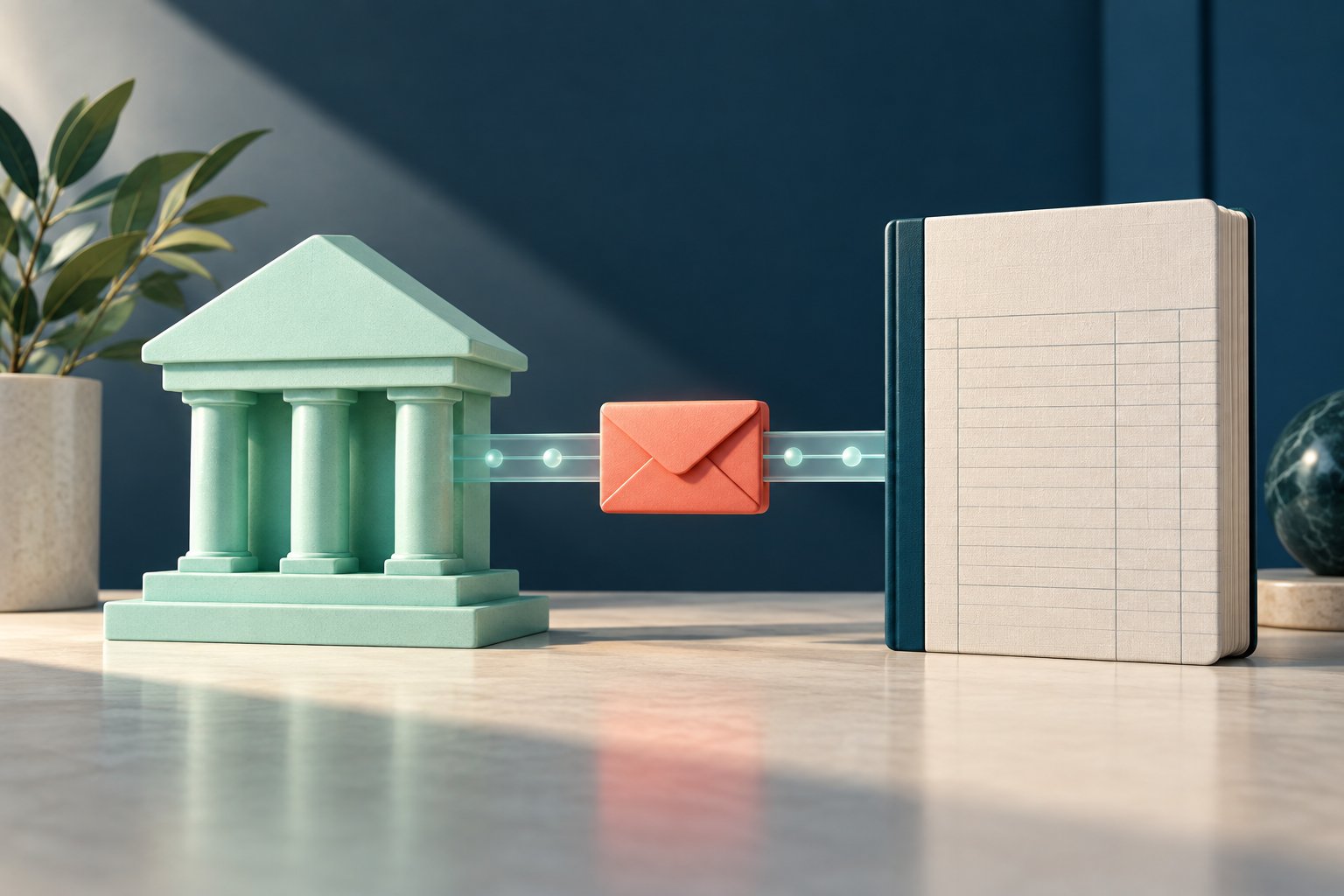 A coral message envelope interrupts the connection between an abstract mint bank and an ivory ledger.
