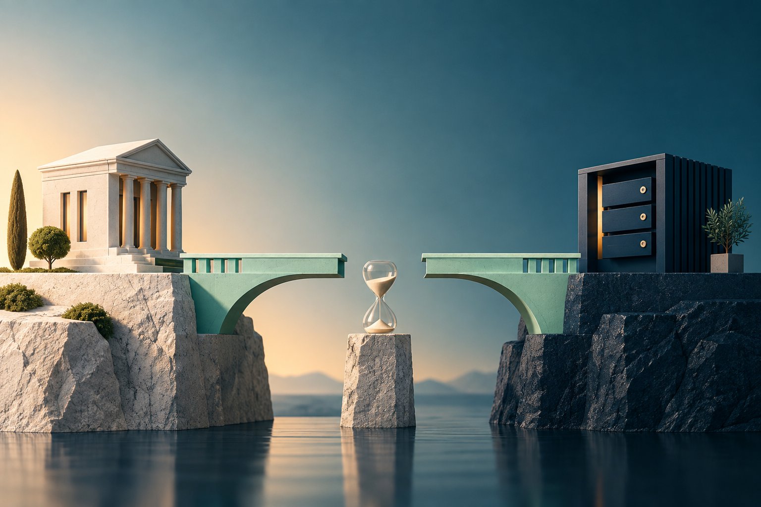 A quiet hourglass stands in the gap between two bridge segments connecting an abstract bank and a ledger cabinet.