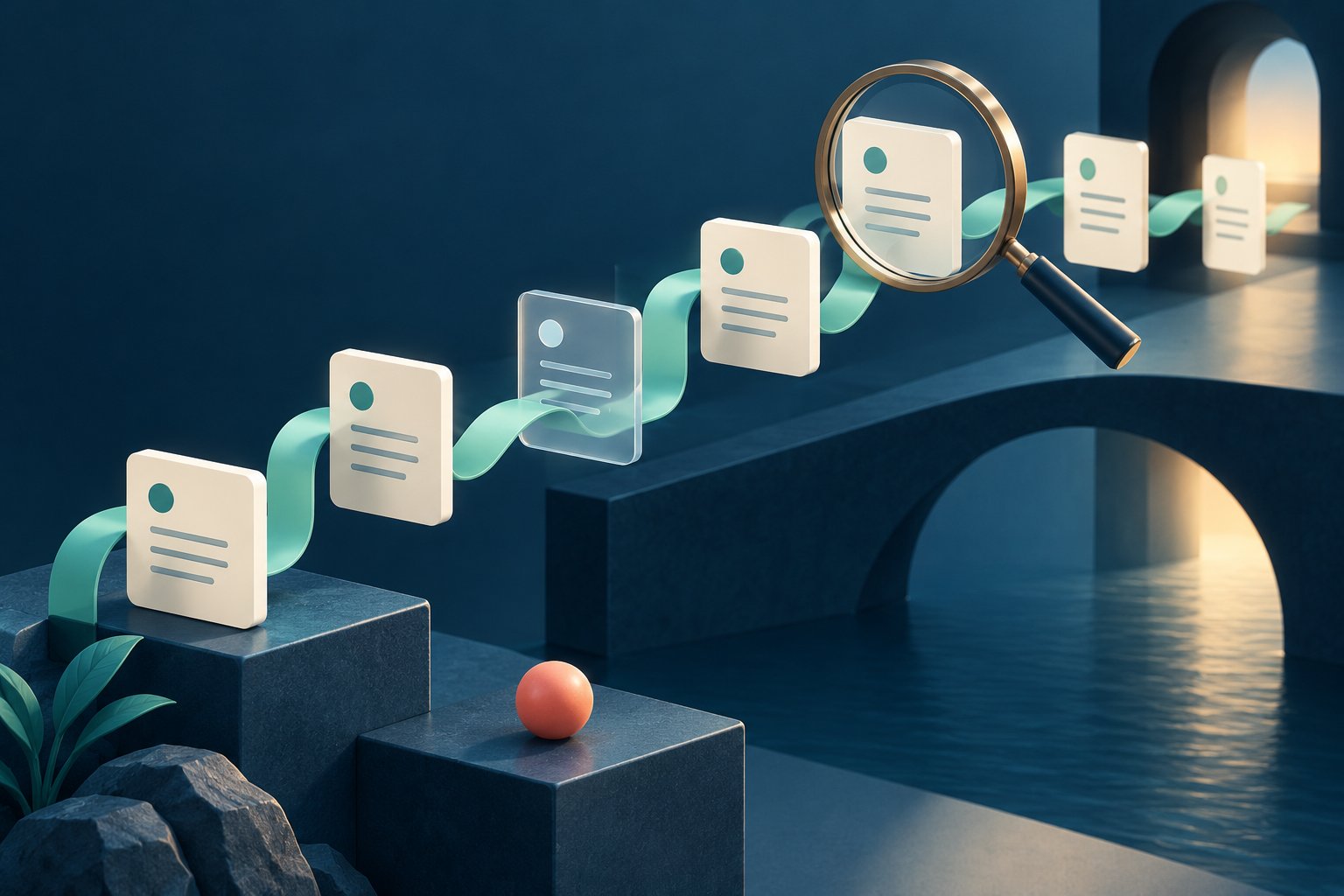A mint ribbon links transaction cards across a sculptural path, preserving one translucent card under a review lens.