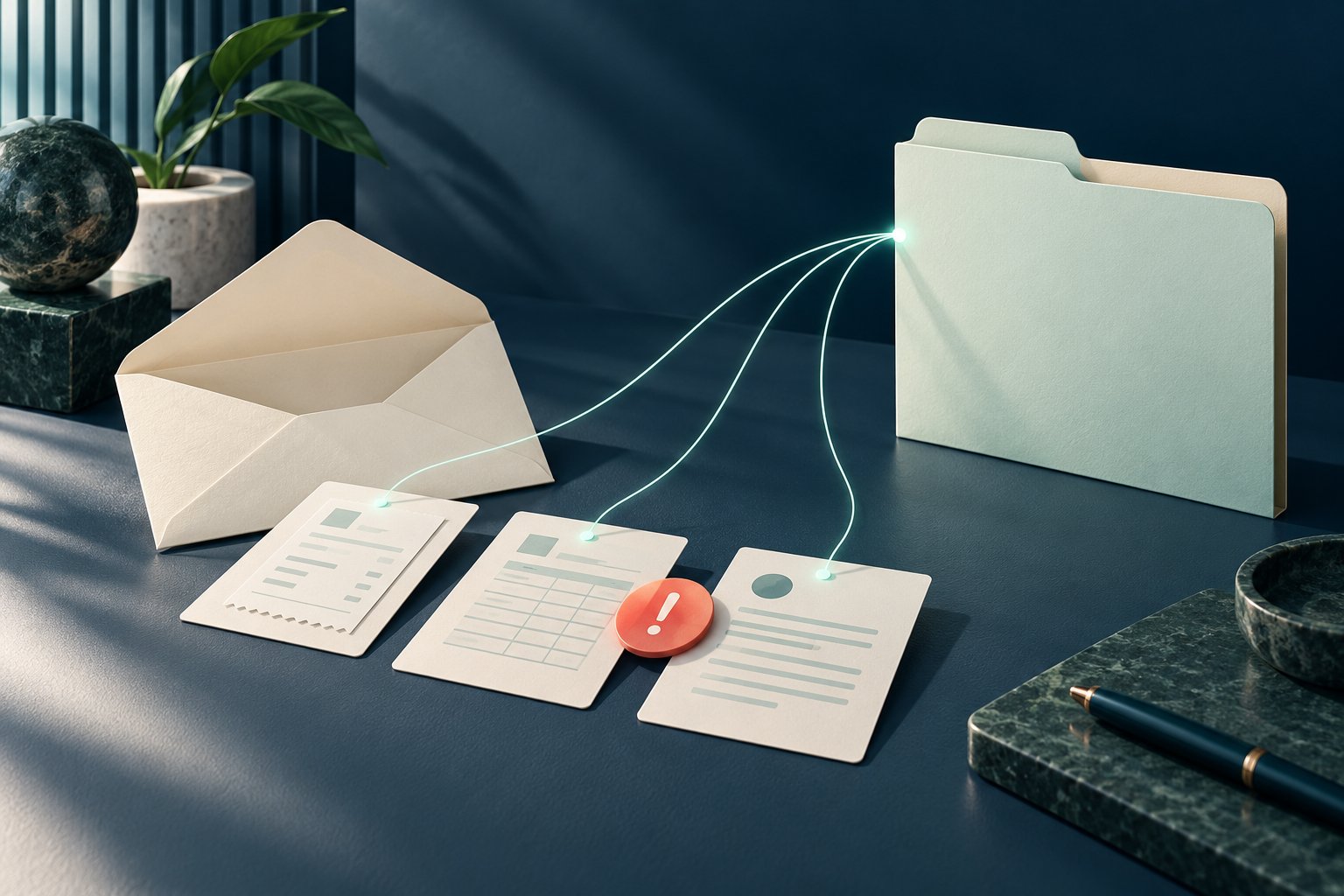 An open correspondence envelope sits beside linked source-document cards and a blank response folder.