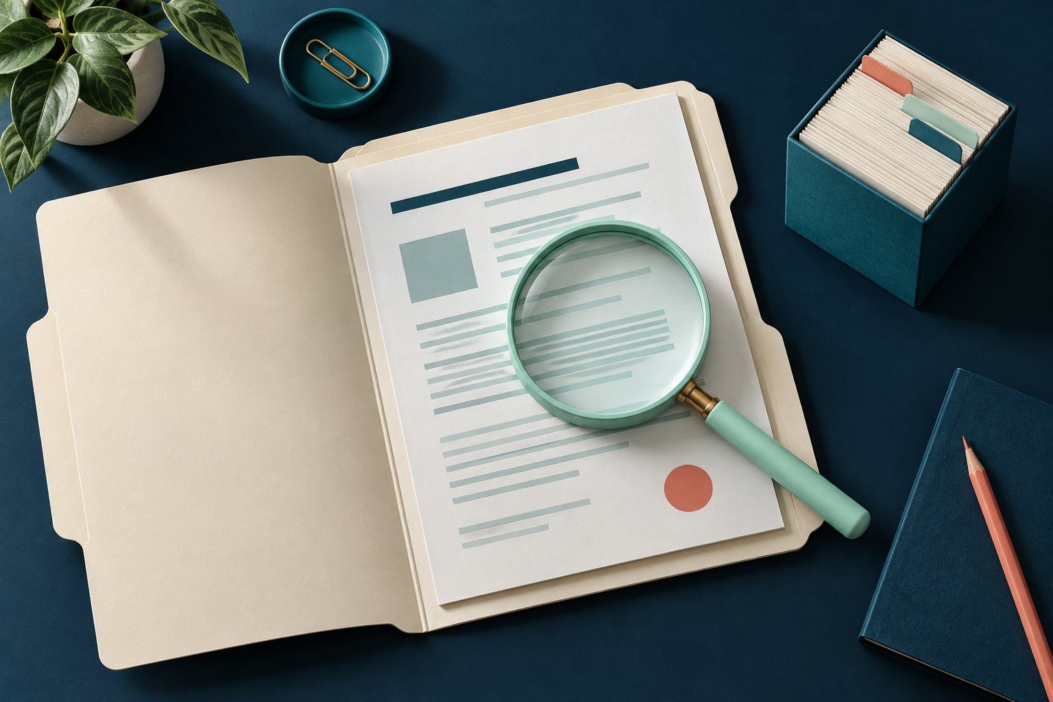 A document sheet in an open archive folder is examined through a mint lens, beside a separate file-storage box.