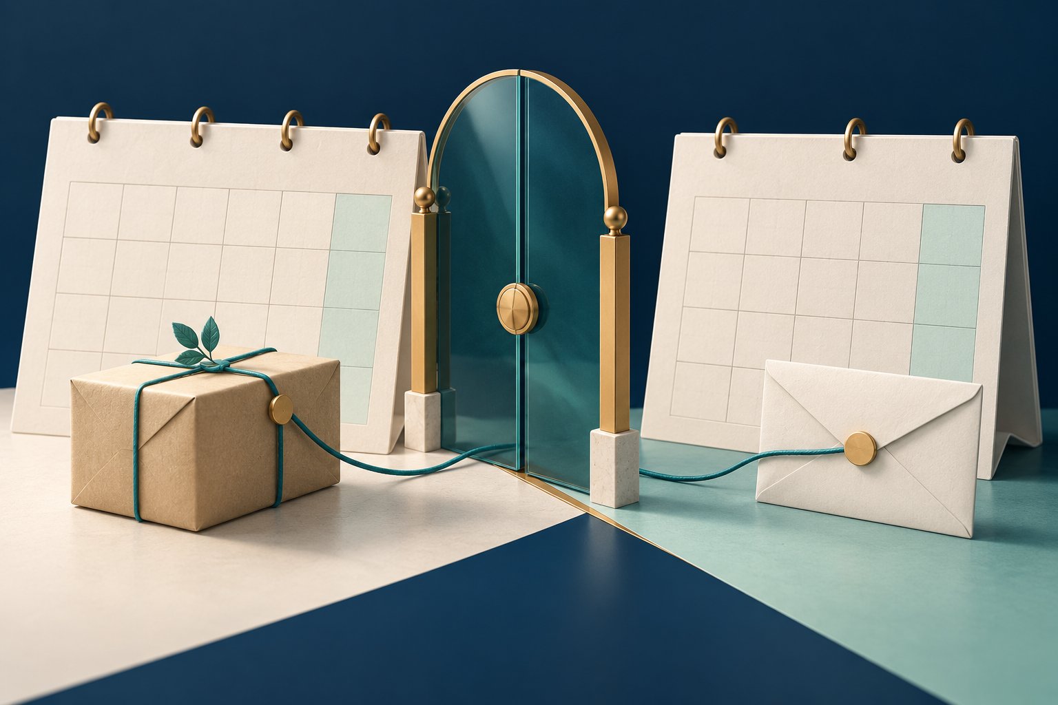 A service parcel sits before a glass cutoff gate while an invoice envelope and two blank calendars sit beyond it.
