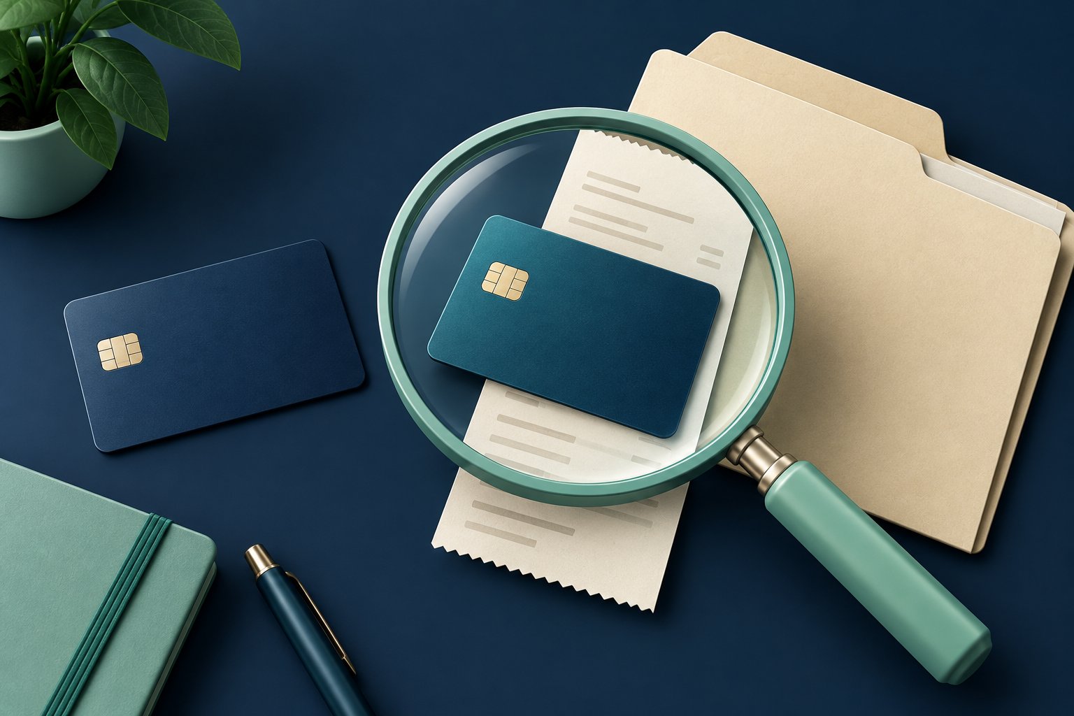 A magnifying lens examines a receipt beside blank payment cards and a mint document folder.