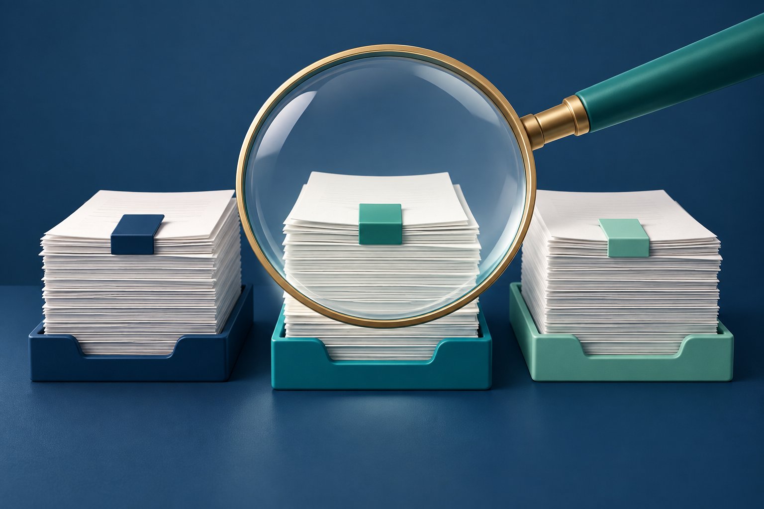 Three paper stacks sit in distinct trays beside a magnifying lens, suggesting a review of selected forms.