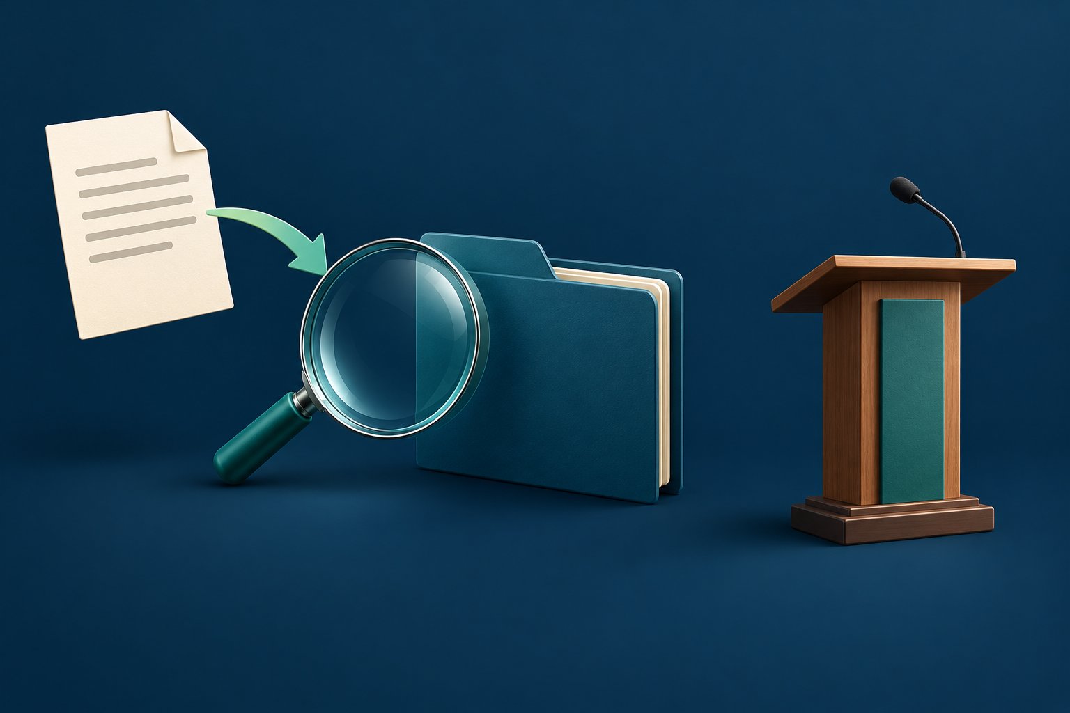 An abstract authorization document points toward a records folder and magnifying lens, with a separate podium nearby.